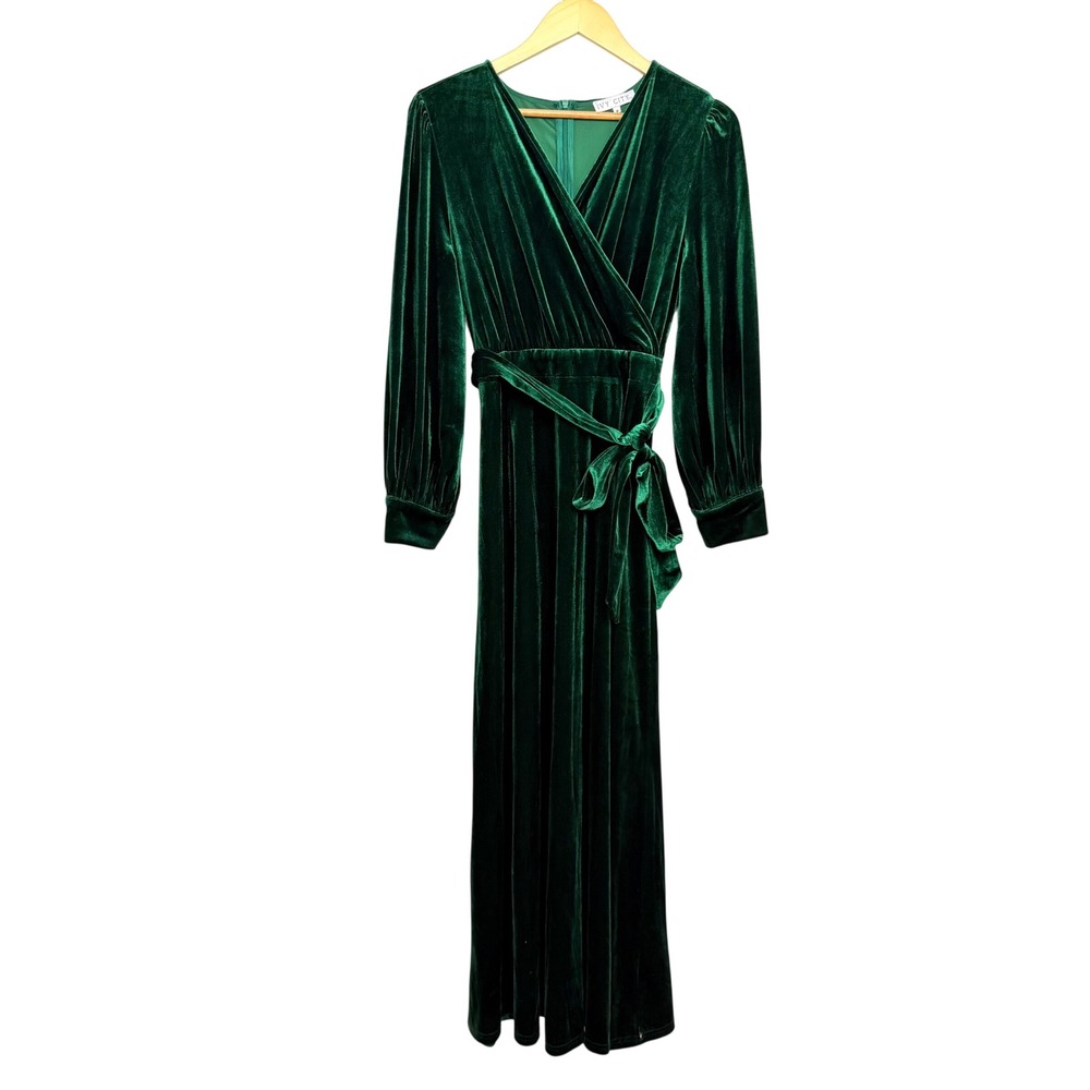 Ivy City Co Green Velvet Maxi Dress Long Sleeve Wrap Front Tie Waist Size M